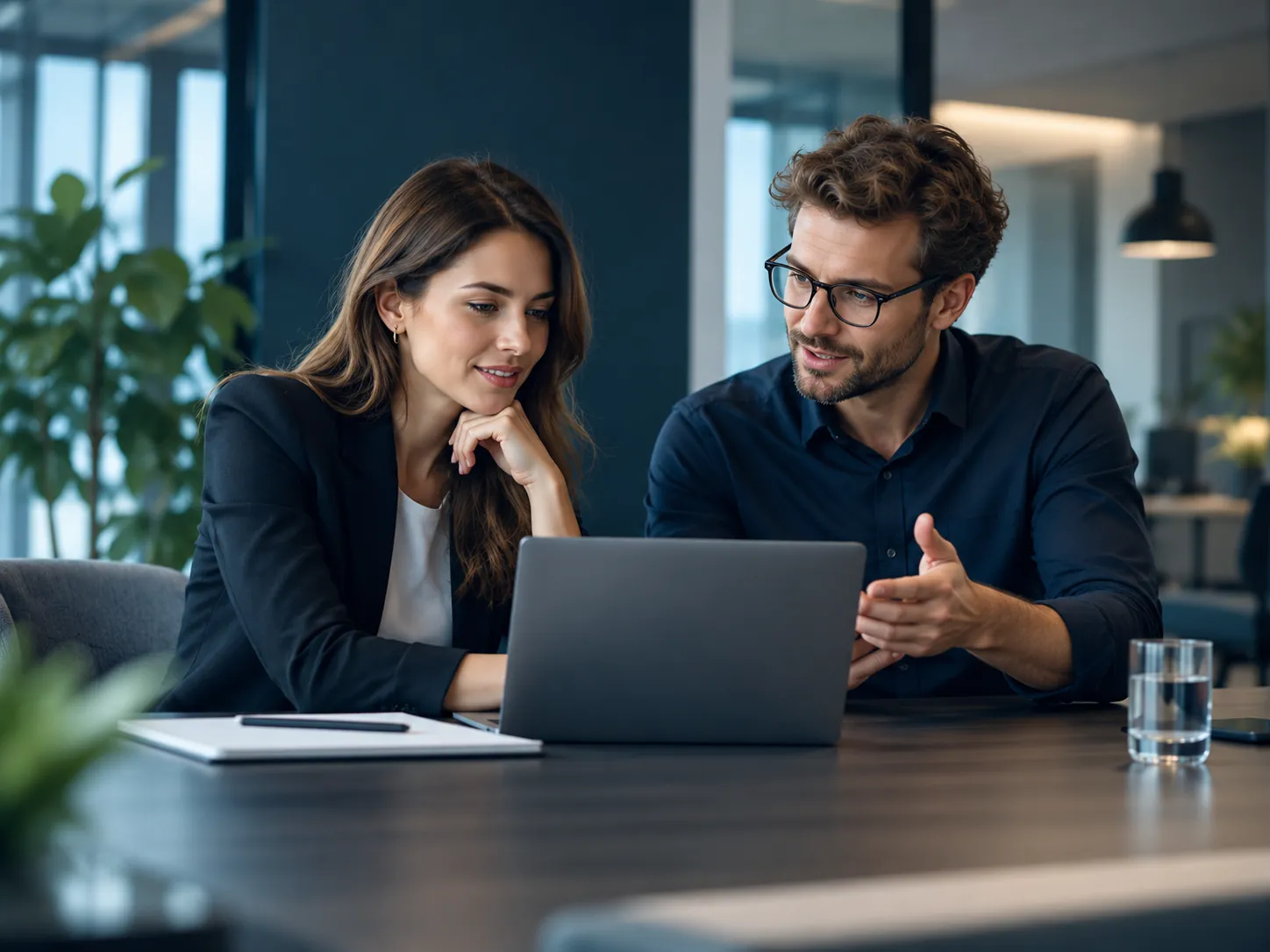 Zwei Fachleute besprechen gemeinsam ein digitales Projekt an einem Laptop in einem modernen Büro.