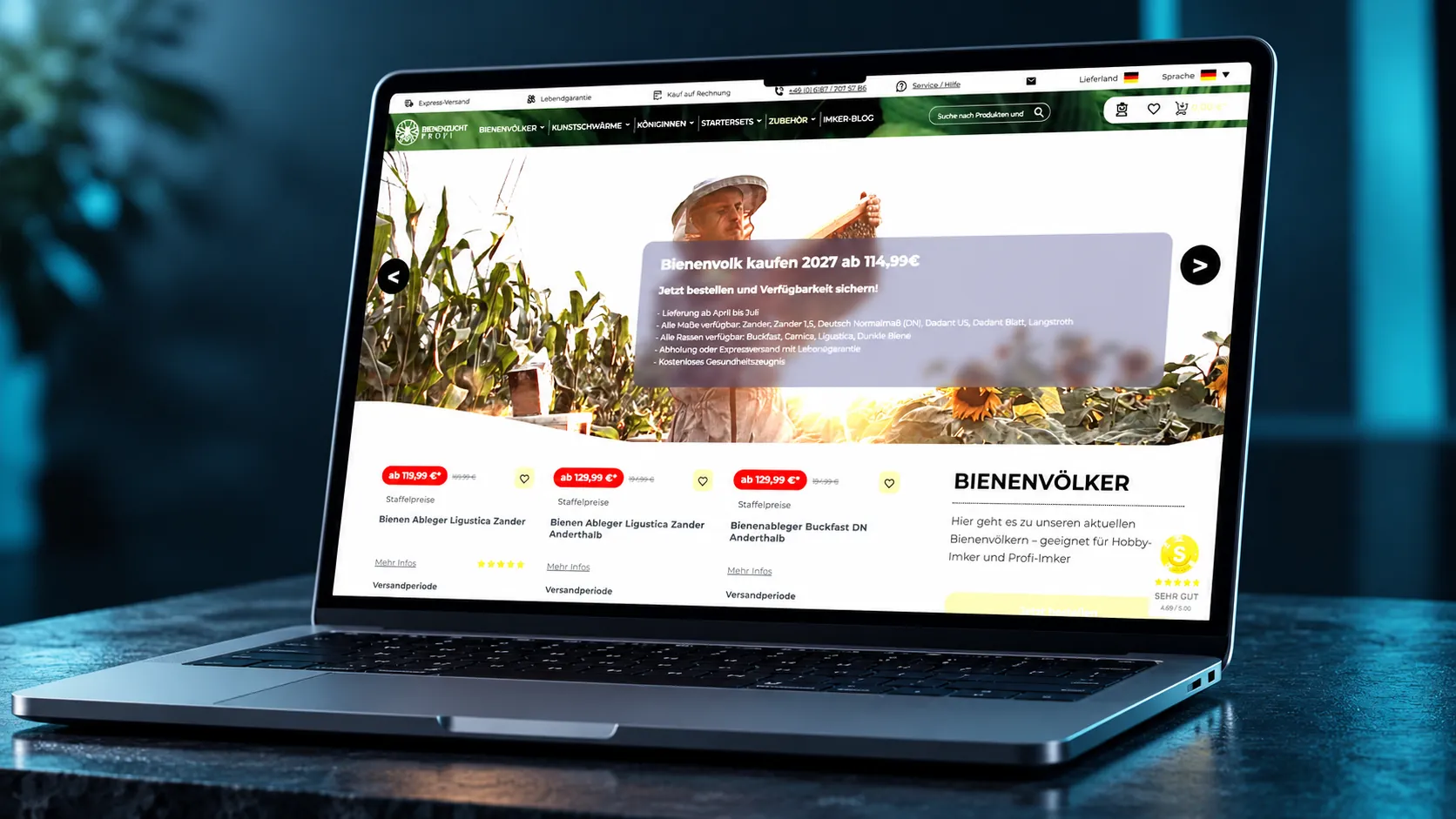 Laptop-Mockup mit Screenshot des Onlineshops von Bienenzucht-Profi.